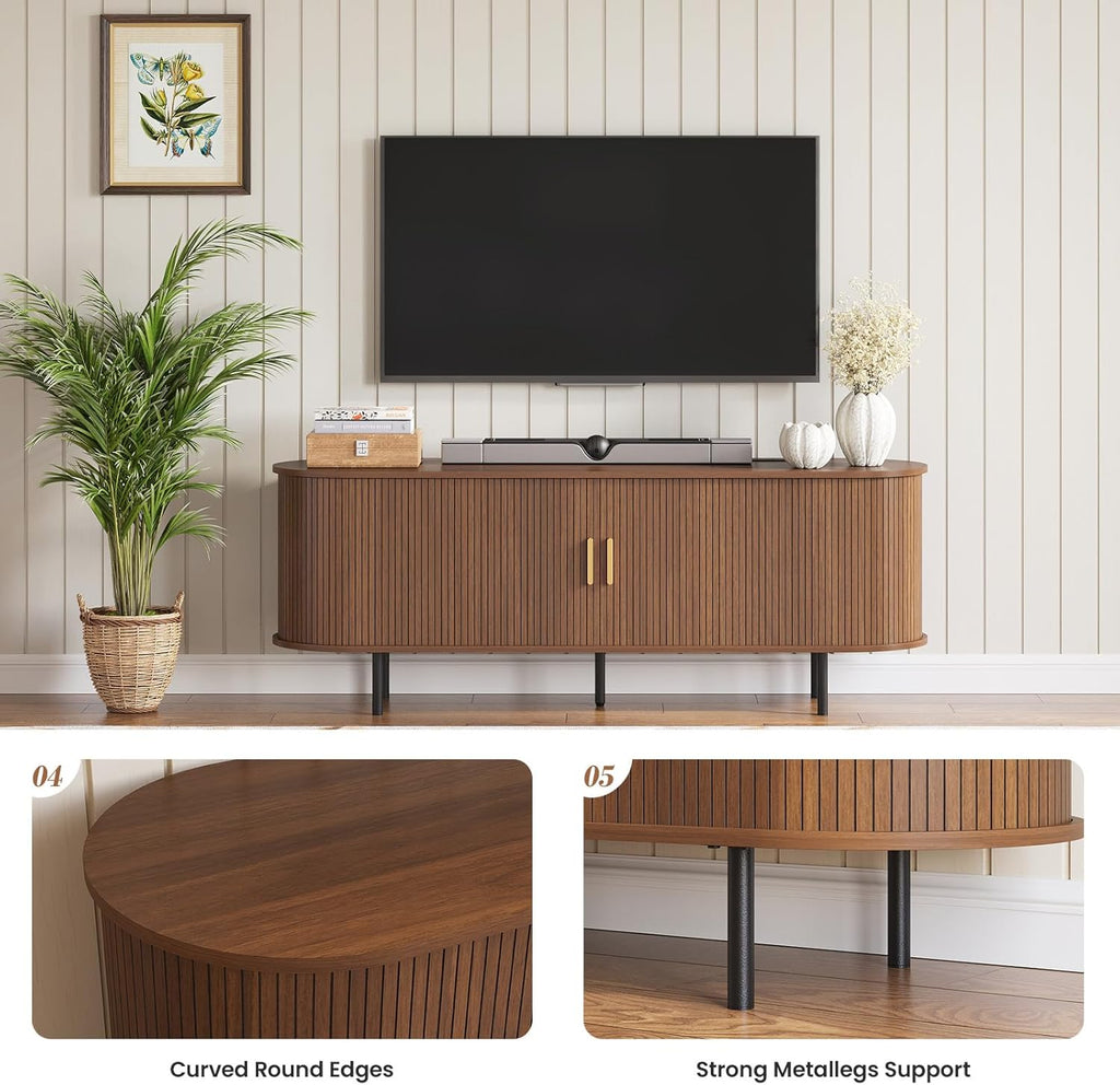 55" Mid-Century Modern TV Stand with Power Outlet, Entertainment Center for TVs up to 60", TV Stand Cabinet with Storage for Living Room, Kitchen/Entryway,Adjustable Shelves,Easy Assembly (Walnut)