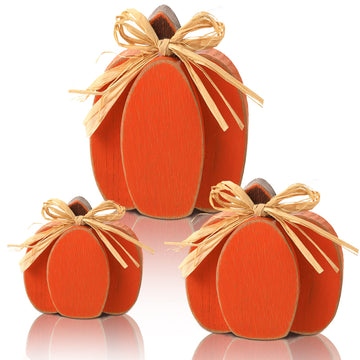 3 Pcs Fall Pumpkin Decor, 3D Wooden Pumpkin Tabletop Decor