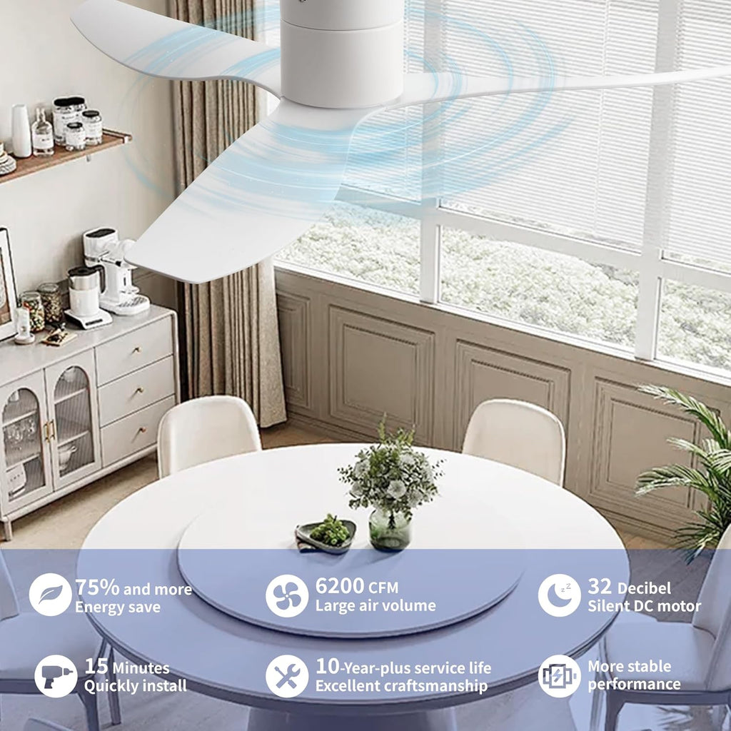 52" Low-Profile Modern Ceiling Fan with Remote – White Curved Blades, 3-Blade, DC Motor, No Light