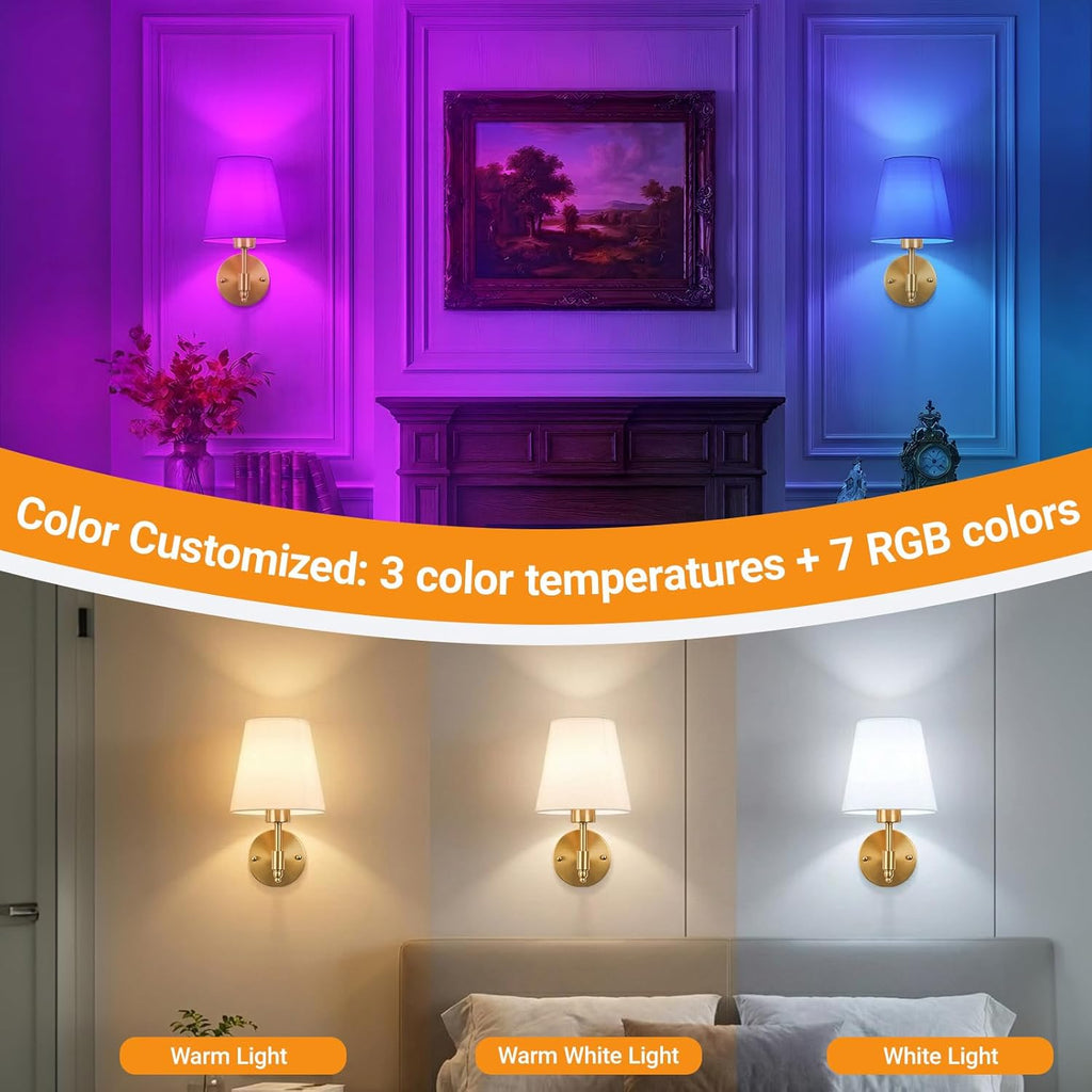 Battery Operated Wall Sconces Set of Two, Wireless Battery Wall Light with 10000mAh RGB Dimmable Magnetic Bulb and Remote, Rechargeable Sconce Wall Decor for Bedroom Living Room Hallway
