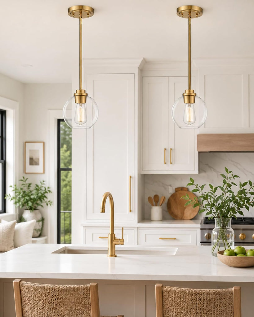 Brass Pendant Lights Kitchen Island 2 Pack, Farmhouse Gold Pendant Light with Clear Glass Globe Shade, Kitchen Island