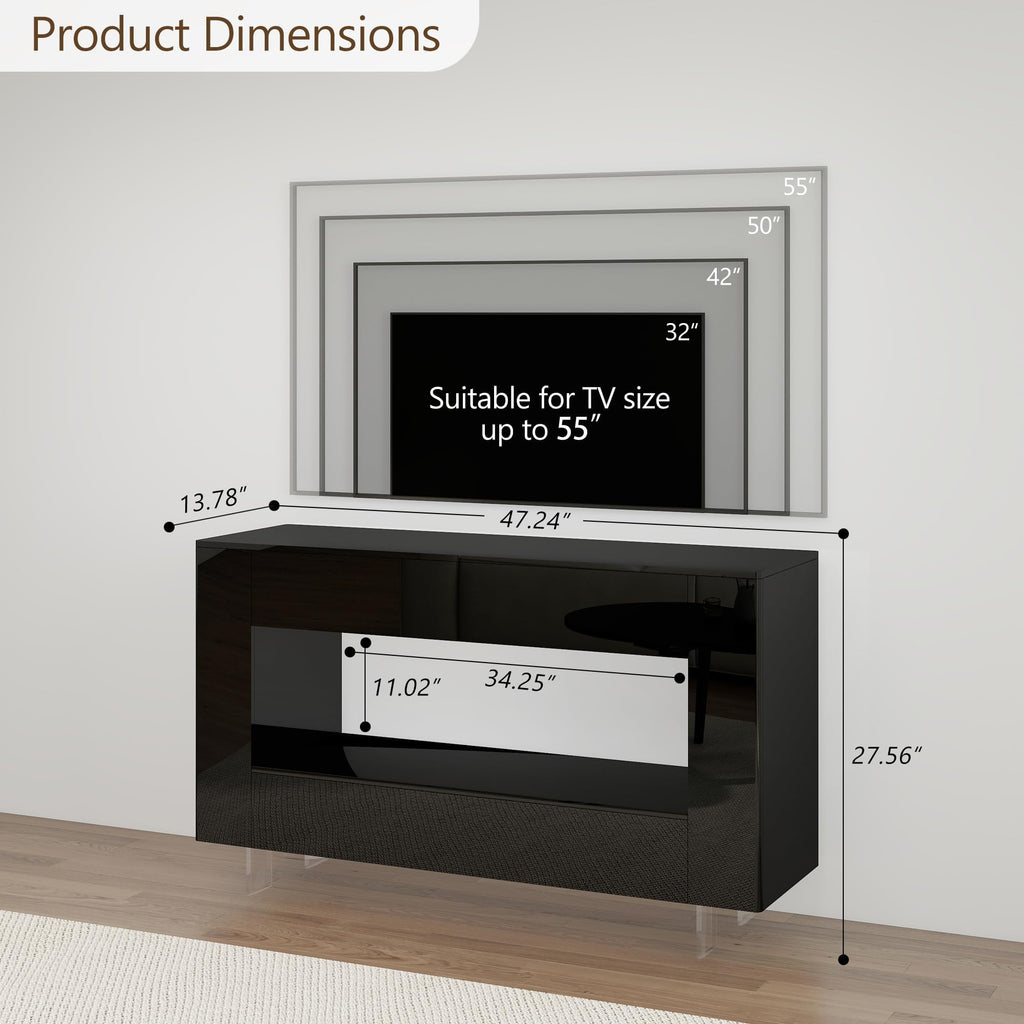 55" with 2 Drawers & Hidden Storage Cabinets, High Gloss Black