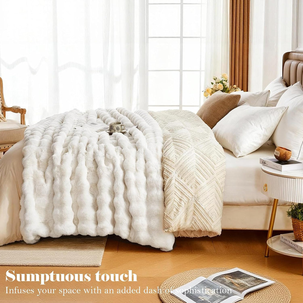 Faux Fur Throw Blanket, 1000 GSM Cozy Fuzzy Fluffy Soft Plush Thick Bubble Blanket, Mothers Day Birthday Gifts for