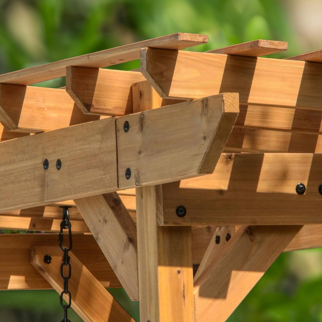 8' x 5' Cedar Wood Outdoor Patio Pergola Swing Bench with Trellis, Two-Person Seating, Chains