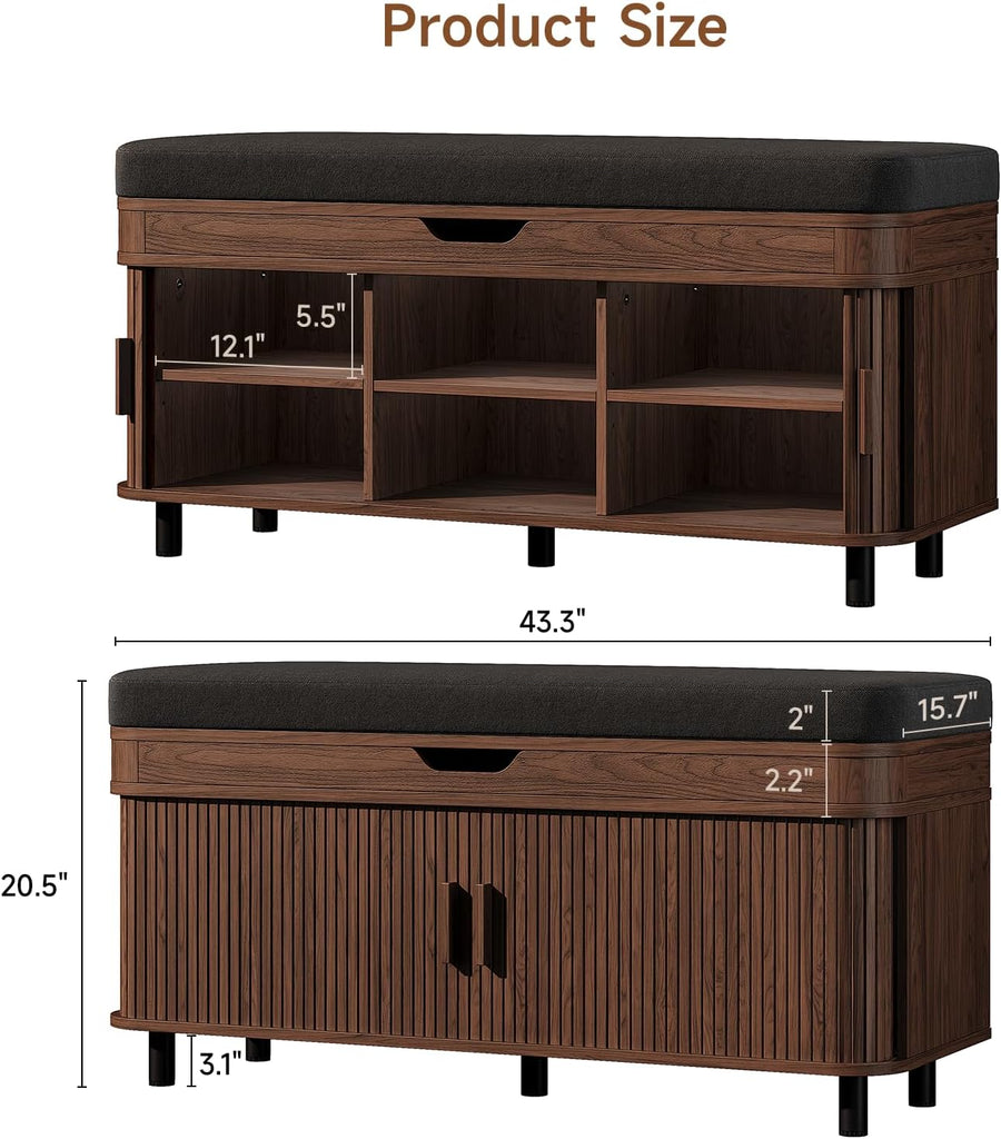 43.3" Shoe Storage Bench with Lift Top Storage, Entryway Bench with Storage&Cushion, Fluted Shoe Bench with Sliding