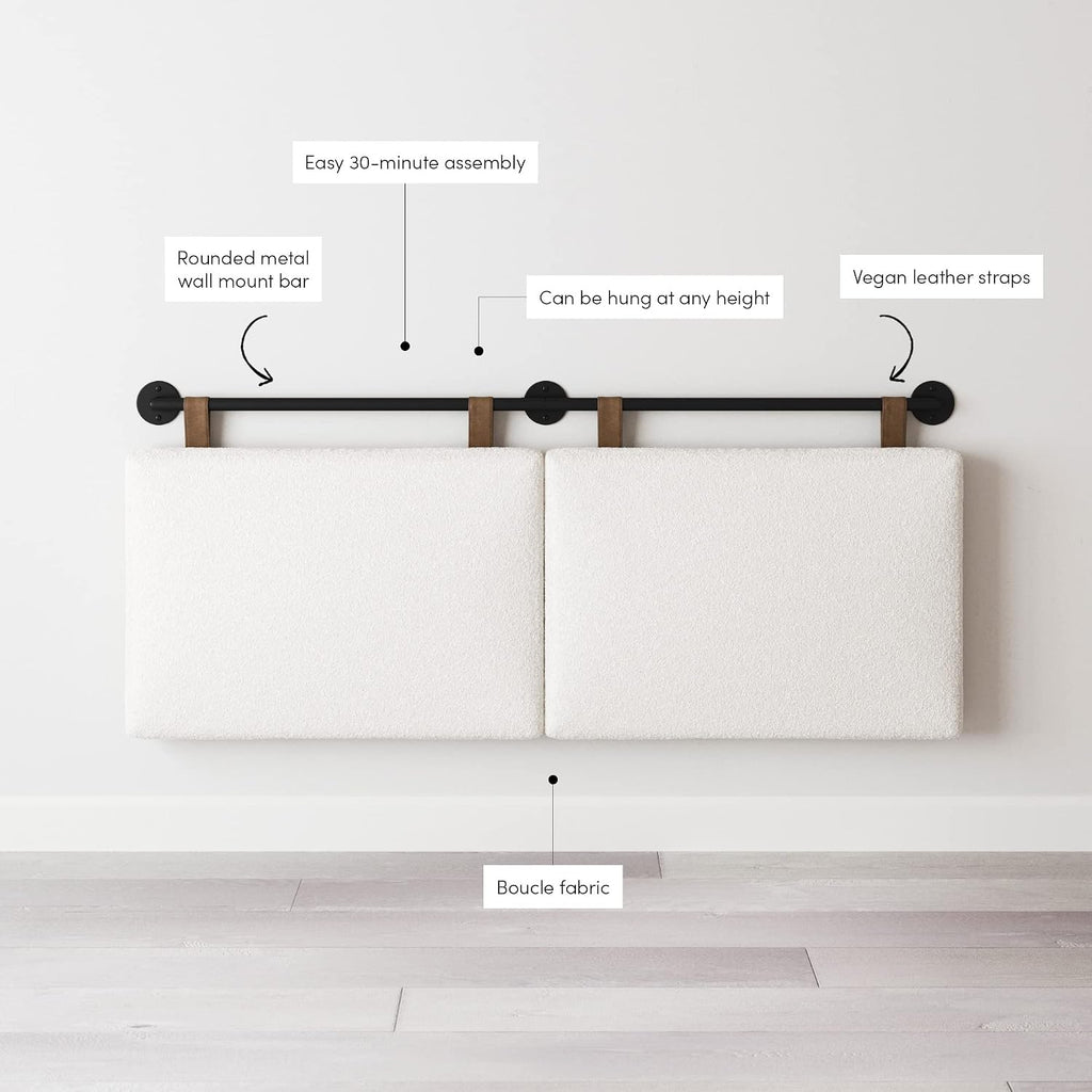 Wall Mount Hanging Upholstered Headboard, Queen, White Boucle with Brown Faux Leather Straps