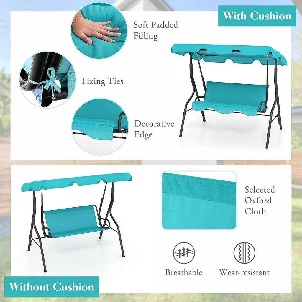 Porch Swing Outdoor, 3 Person Patio Swing w/Removable Cushion, Stand & Adjustable Canopy, Heavy Duty Swing Chair