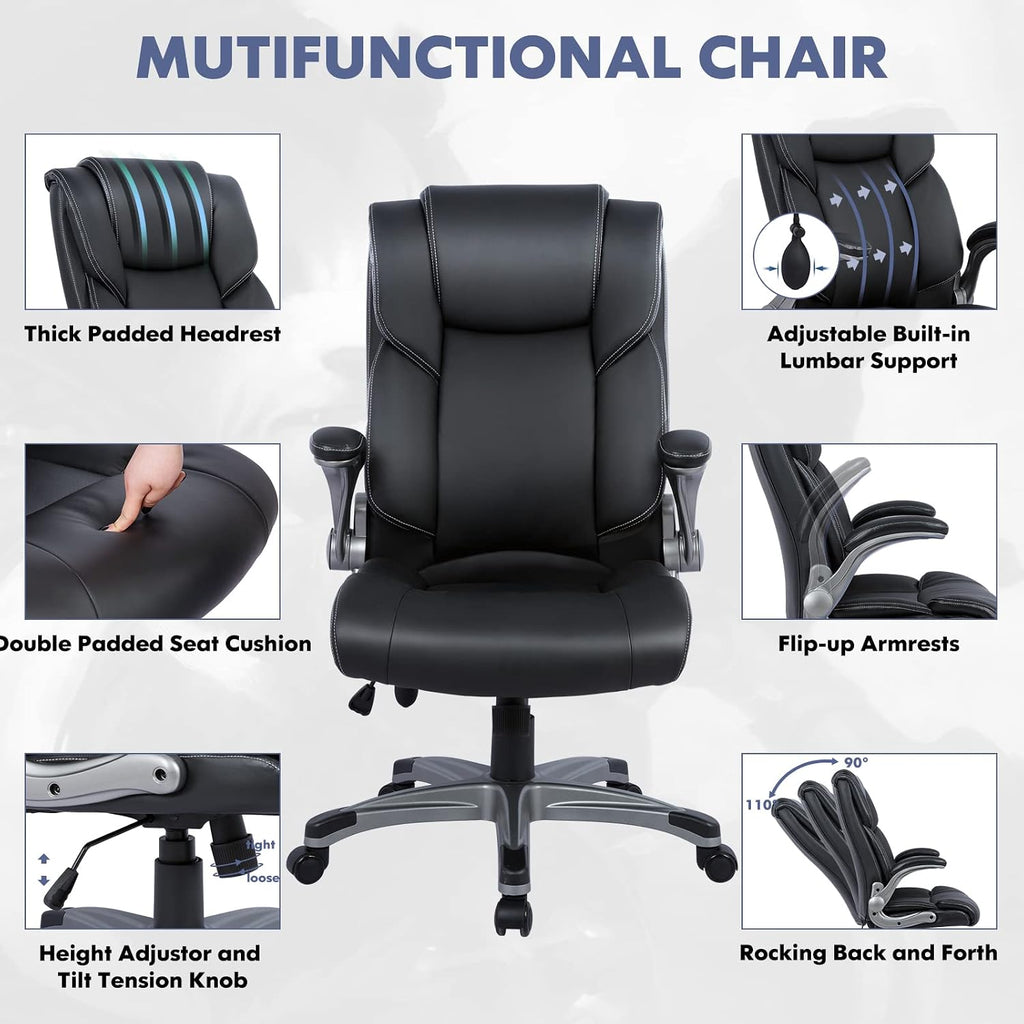 High Back Executive - Padded Leather Ergonomic Computer Desk Chair with Inflatable Lumbar Support & Flip-Up Arms