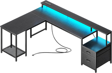 66" L Shaped Gaming Desk with LED Lights & Power Outlets | Computer Desk with Fabric Drawers and Print Stand, Corner