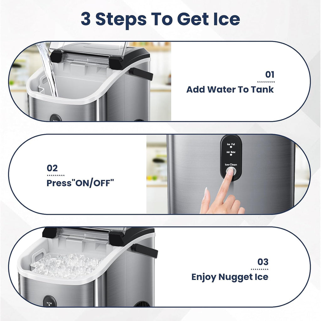 Nugget Ice Makers Countertop with Self-Cleaning, 35lbs/24H, Portable Sonic Ice Maker Machine with Handle/Basket/Scoop