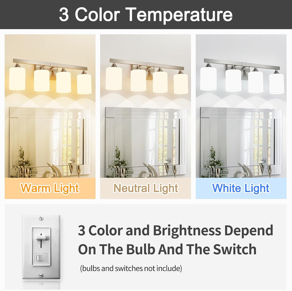 Brushed Nickel Vanity Lights,4-Light Bathroom Light Fixtures,Milky White Glass Shades Wall Lamp,E26 Socket Vanity