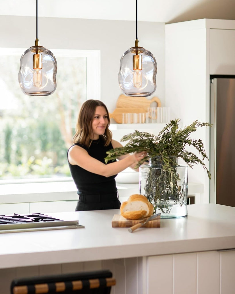 Pendant Lights Kitchen Island 2 Pack Modern Contemporary Clear Glass Organic Globe Brass Gold Hanging Light