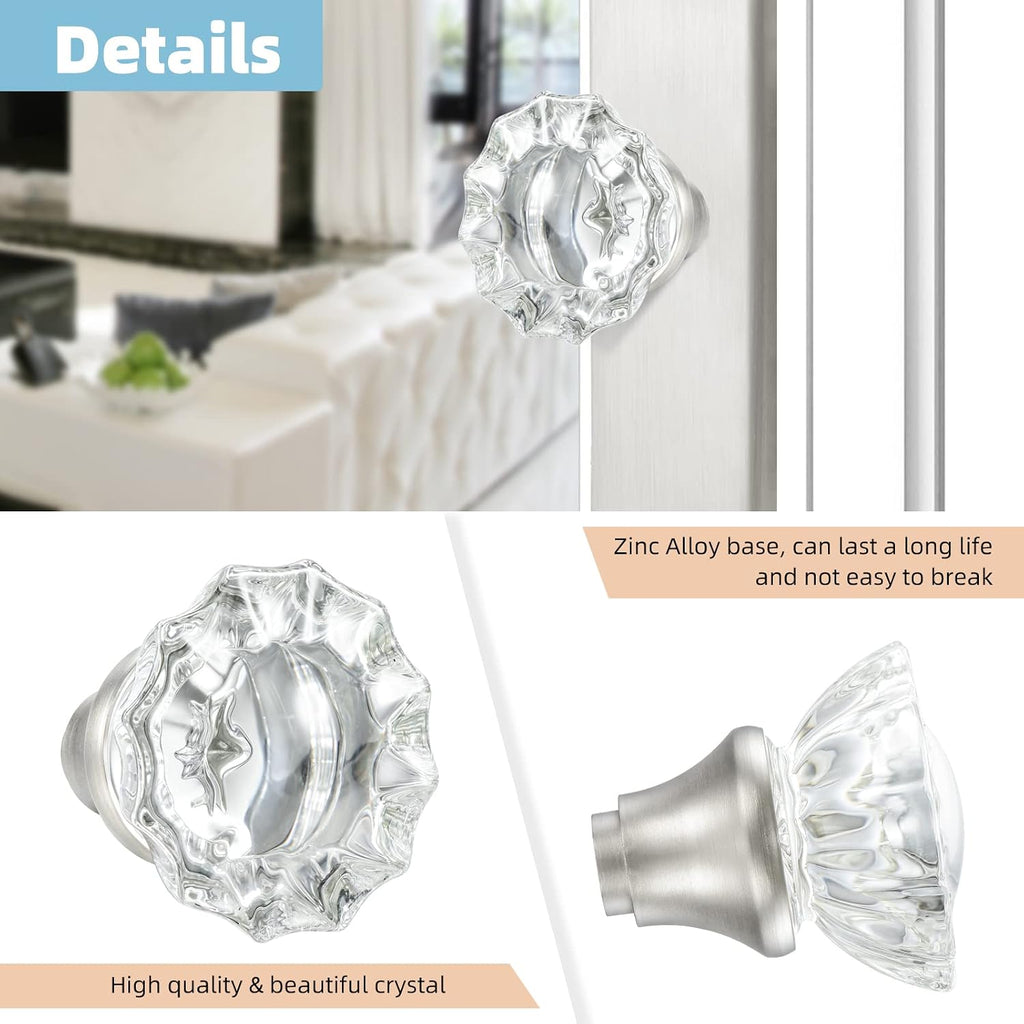Crystal Glass Door Knobs Interior with Spindle, Brushed Nickel, 1 Pack