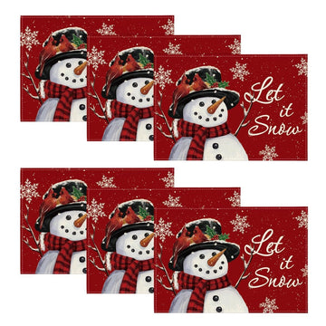 Red Snowman Let It Snow Winter Placemats Set of 6, 12x18 Inch Seasonal Christmas Holiday Table Mats for Party Kitchen