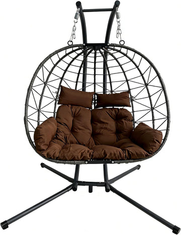 Extra Large Double Egg Swing Chair with Stand, 2-Person Outdoor Patio Hanging Chair with Cushions & Pillows