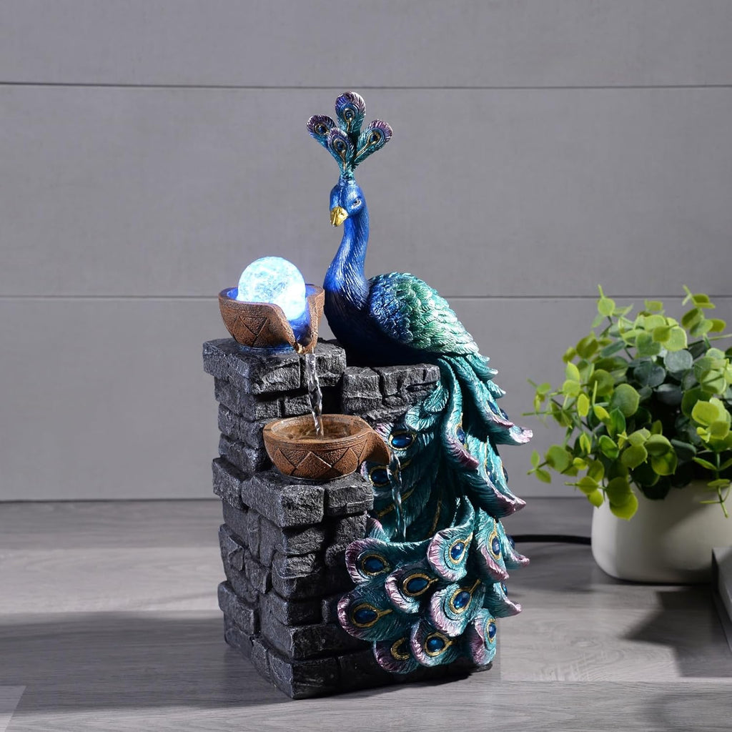 Tabletop Water Fountain Decor, Peacock with LED Glass Color Changing Globe,Relaxation Decorative Desktop Water Zen
