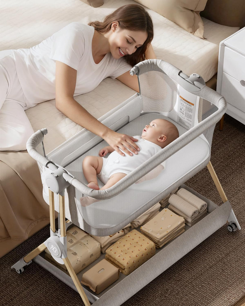 Bassinet, 3-in-1 Bedside Sleeper, One-Click Foldable Crib | Adjustable Height, Full-Mesh Sides, Zip-Down Access