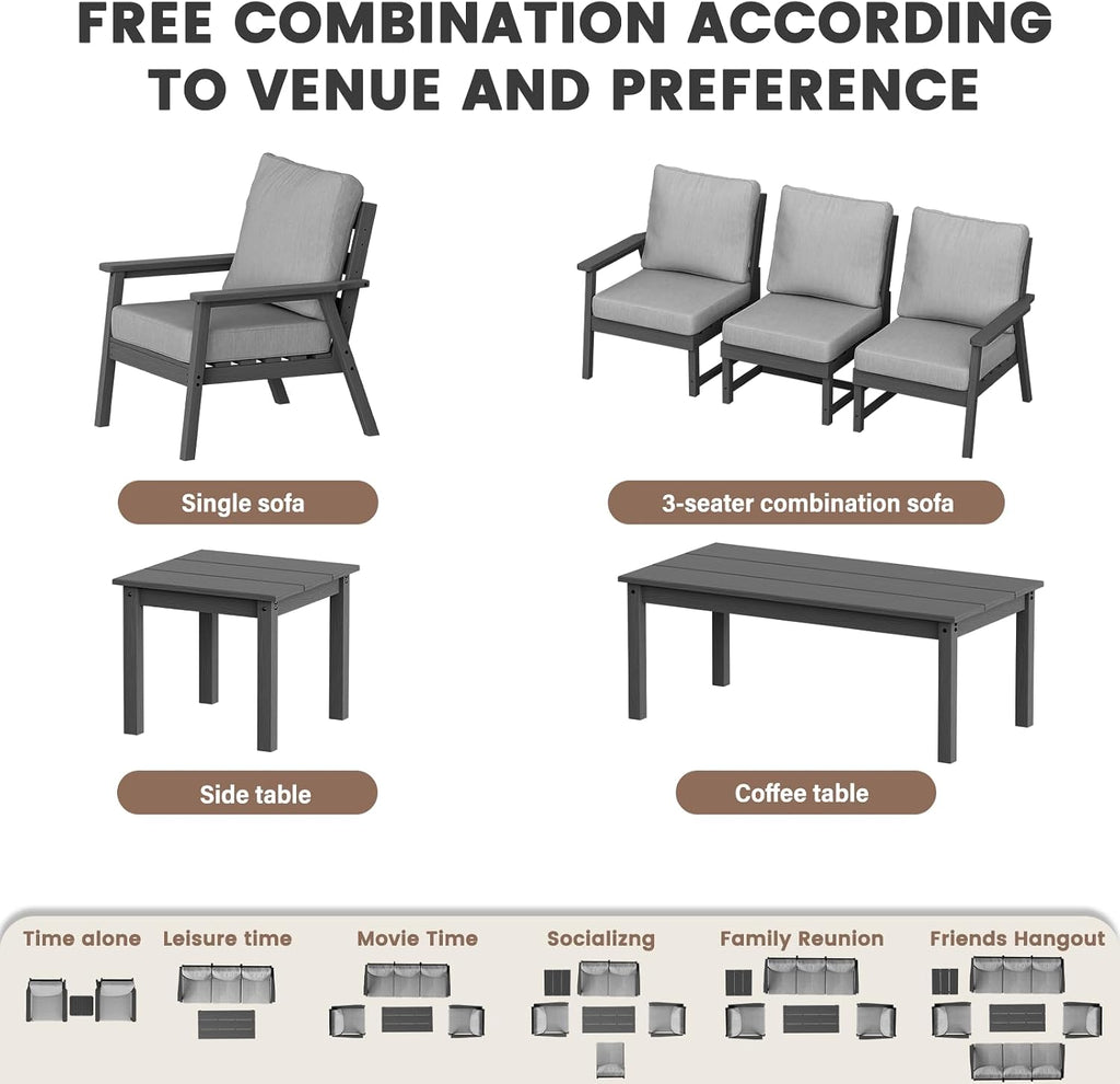 7 Piece Patio Furniture Set,Modular Outdoor sectional Furniture Grey | HDPE deaper seat Weather Resistant Low