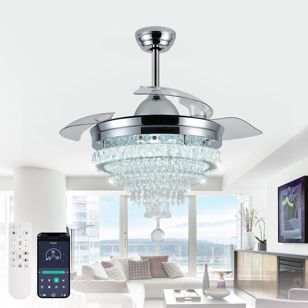 42" Modern Crystal Chandelier Ceiling Fan with Light & Remote,Dimmable LED Fandelier ,3 Color Temperatures,6 Speeds