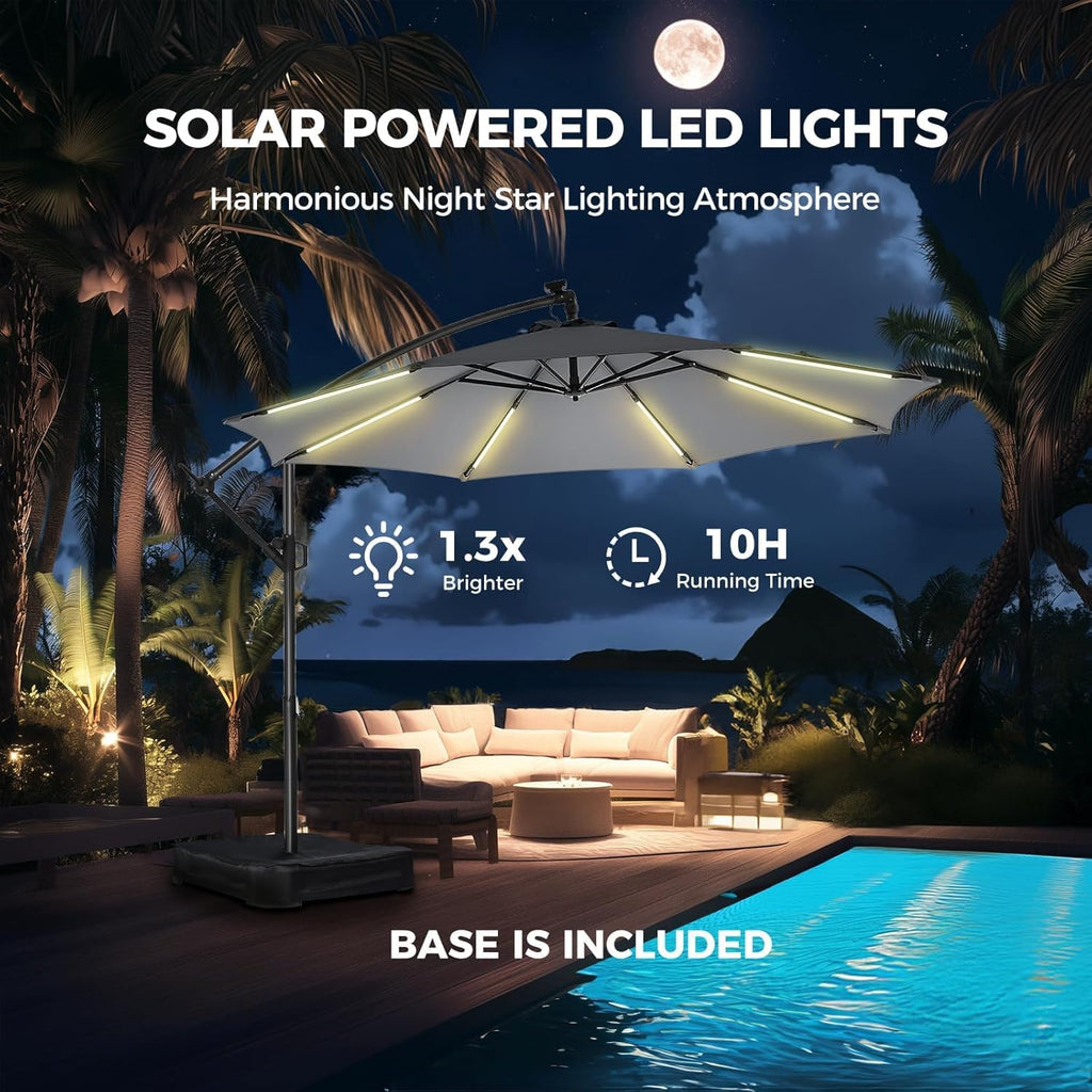 10 ft Offset Patio Umbrella with Solar Lights, LED Lighted Umbrella Outdoor Patio with Base Included