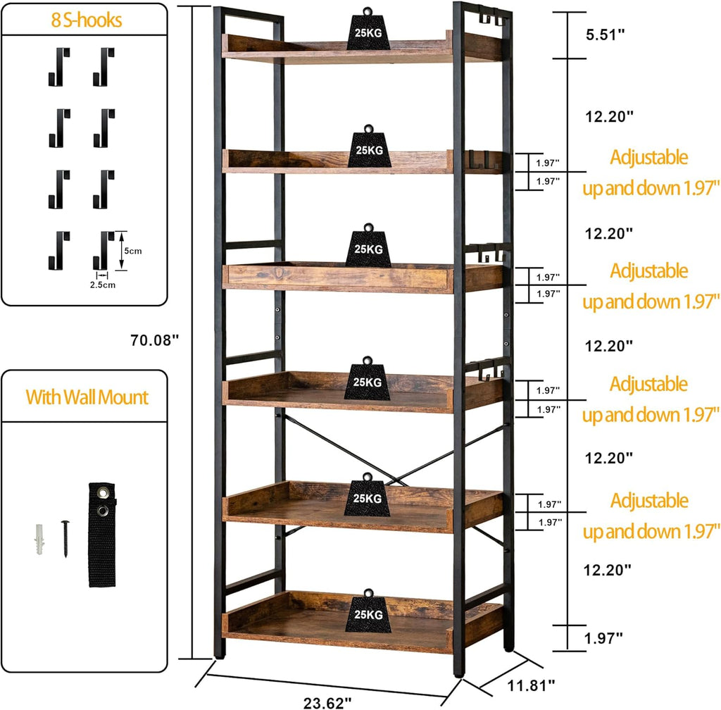 Adjustable 6 Tier Open Bookcase, Rustic Farmhouse Book Shelves, Industrial Wood and Black Metal Bookshelves