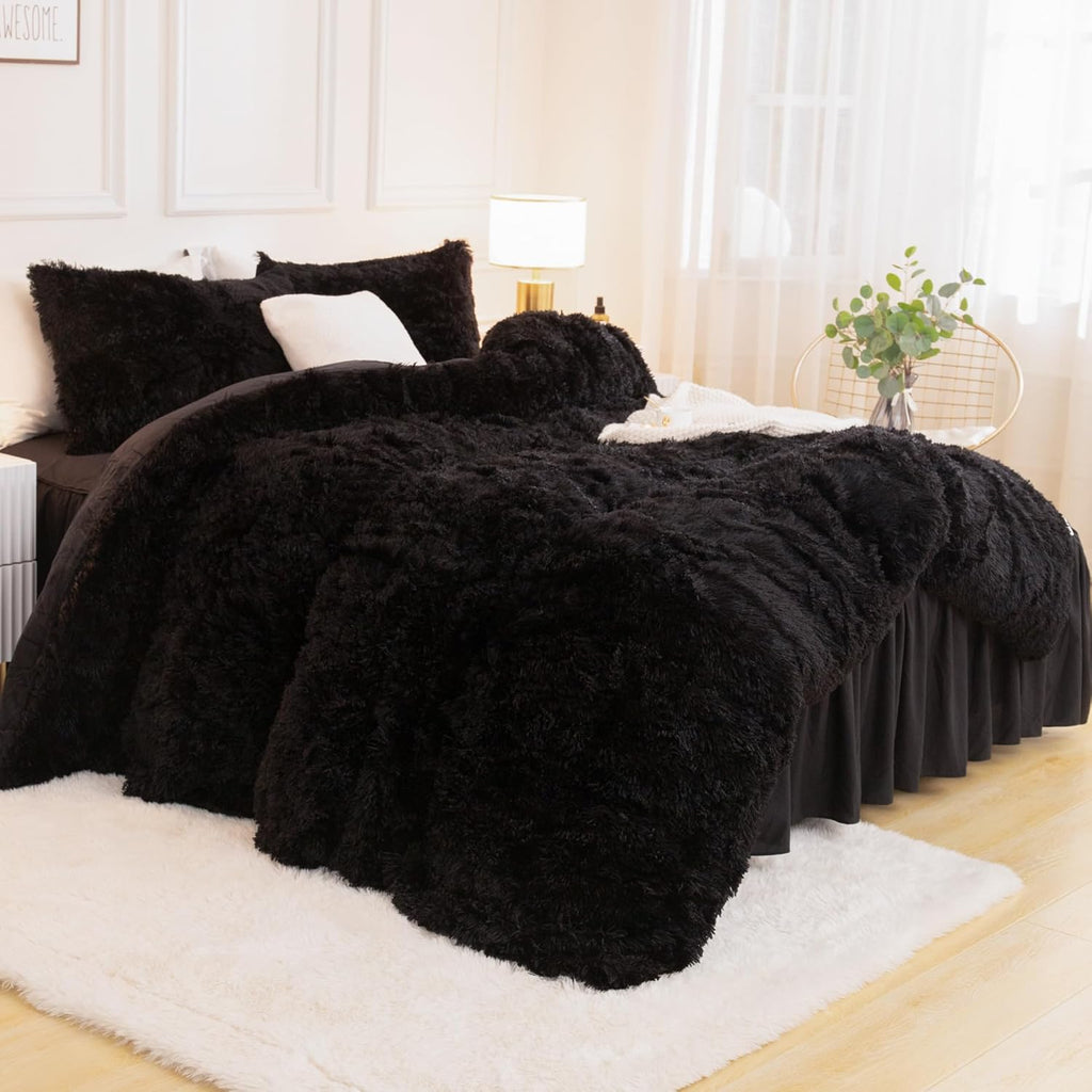 Comforter Set Black, Fluffy Winter Faux Fur Warm Soft Plush Bedding Comforter Set (1 Velvet Comforter & 2