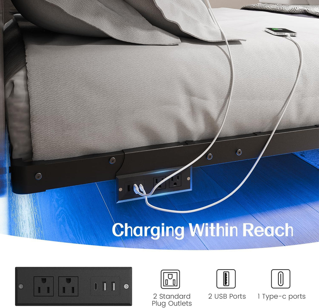 Full Modern Floating Bed Frame with Smart LED Lights, USB Charging Station, Sturdy Metal Platform