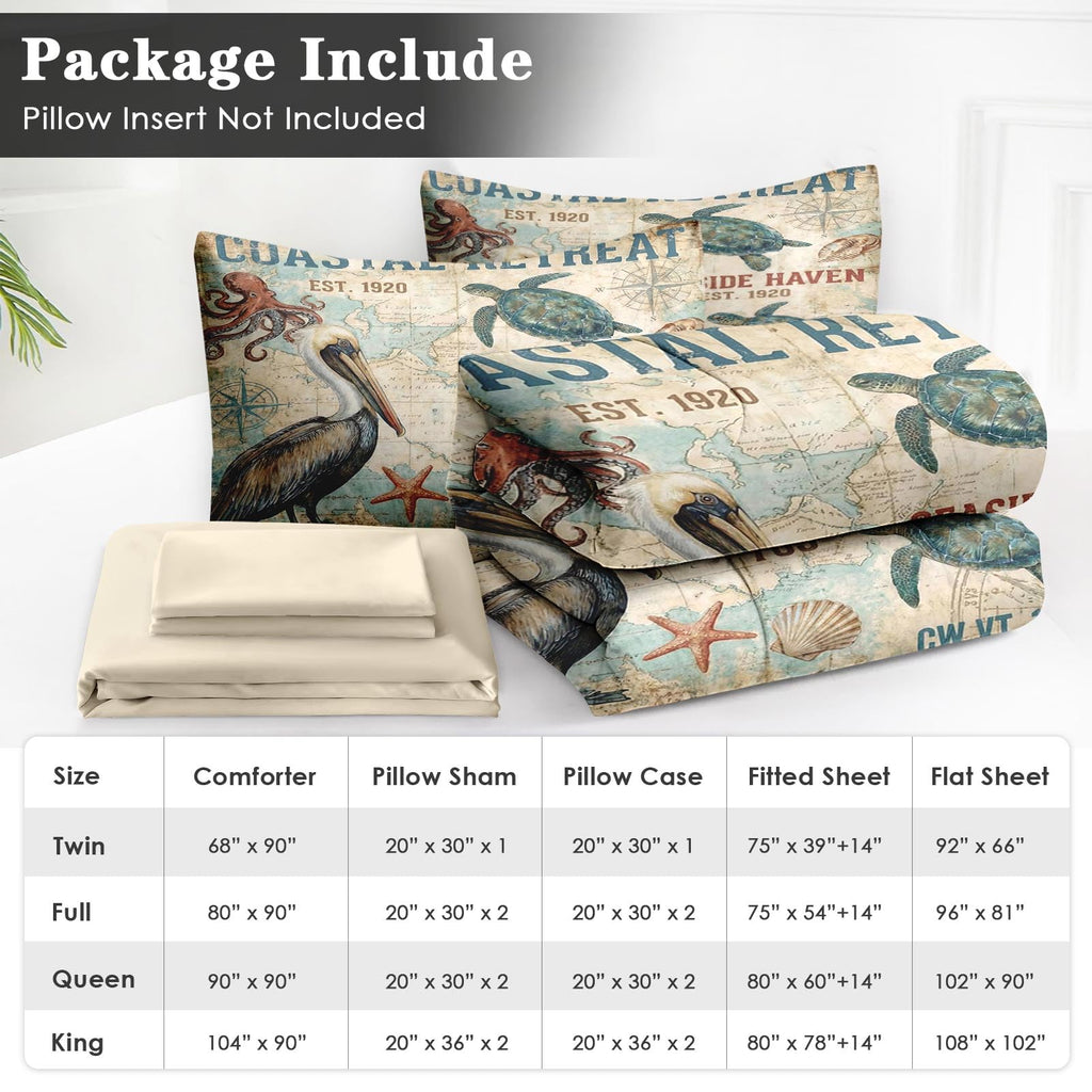 Queen Comforter Set with Sheets, 7 Pieces Coastal Nautical Bedding