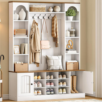 Hall Tree with Bench and Shoe Storage, 51" Entryway Bench with Coat Rack, Farmhouse Entryway Organizer with 5 Hooks