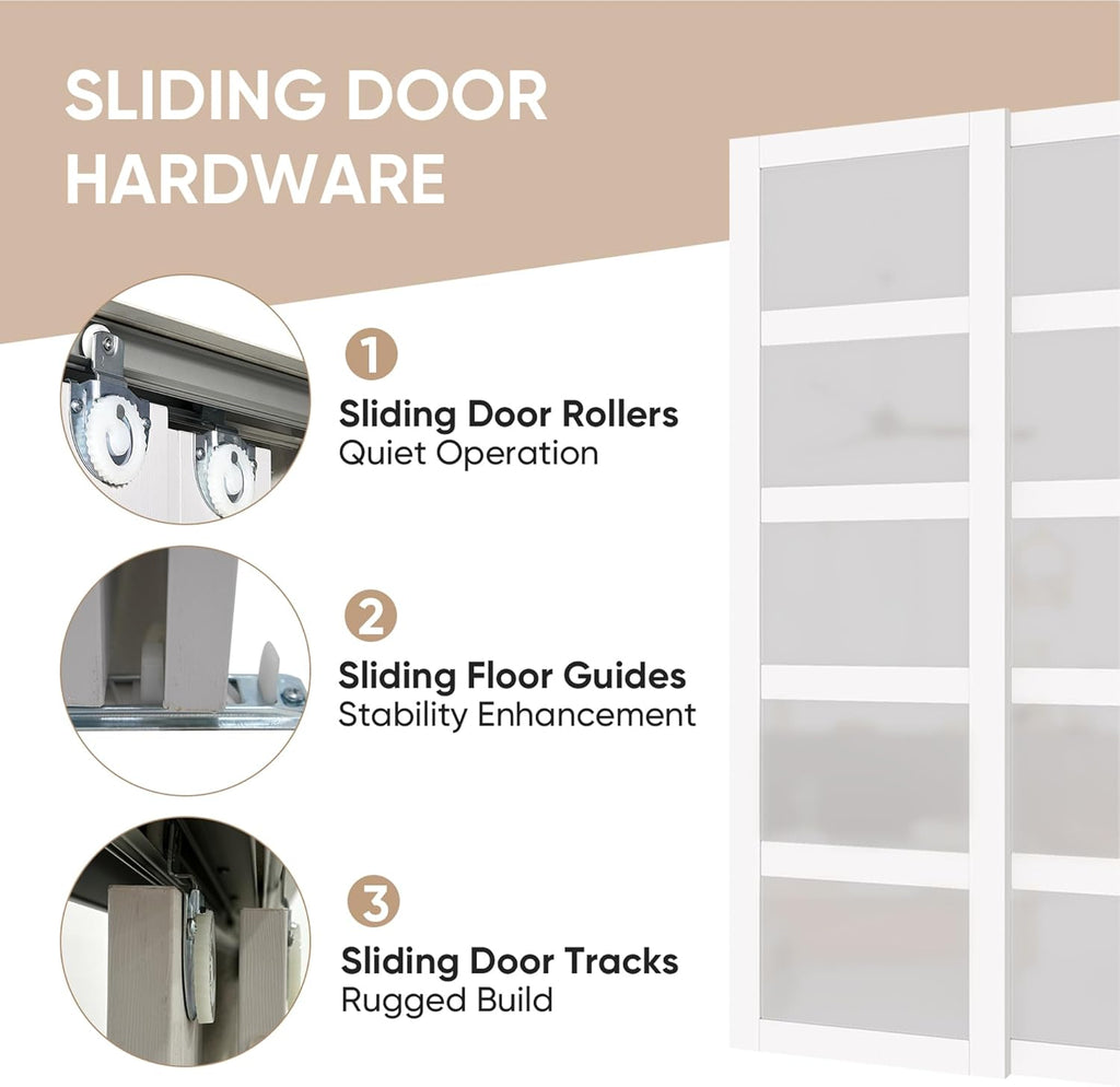 Sliding Closet Door, 5-Lite Frosted Glass Interior Door, 60"(Double 30") x 80" Closet Doors with Com