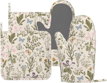 Vintage Wildflower Herbs Floral Rustic Butterfly Oven Mitts and Pot Holders Sets Silicone Kitchen Mitts Potholders