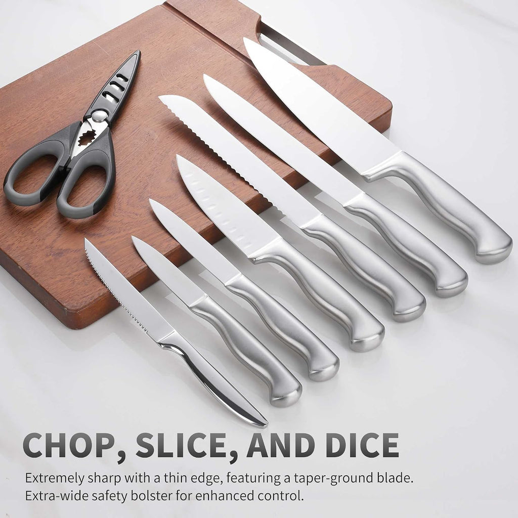 15-Piece Stainless Steel Chef Kitchen Knife Sets with Block & Built-In Sharpener, Professional Chef Knife Sets with
