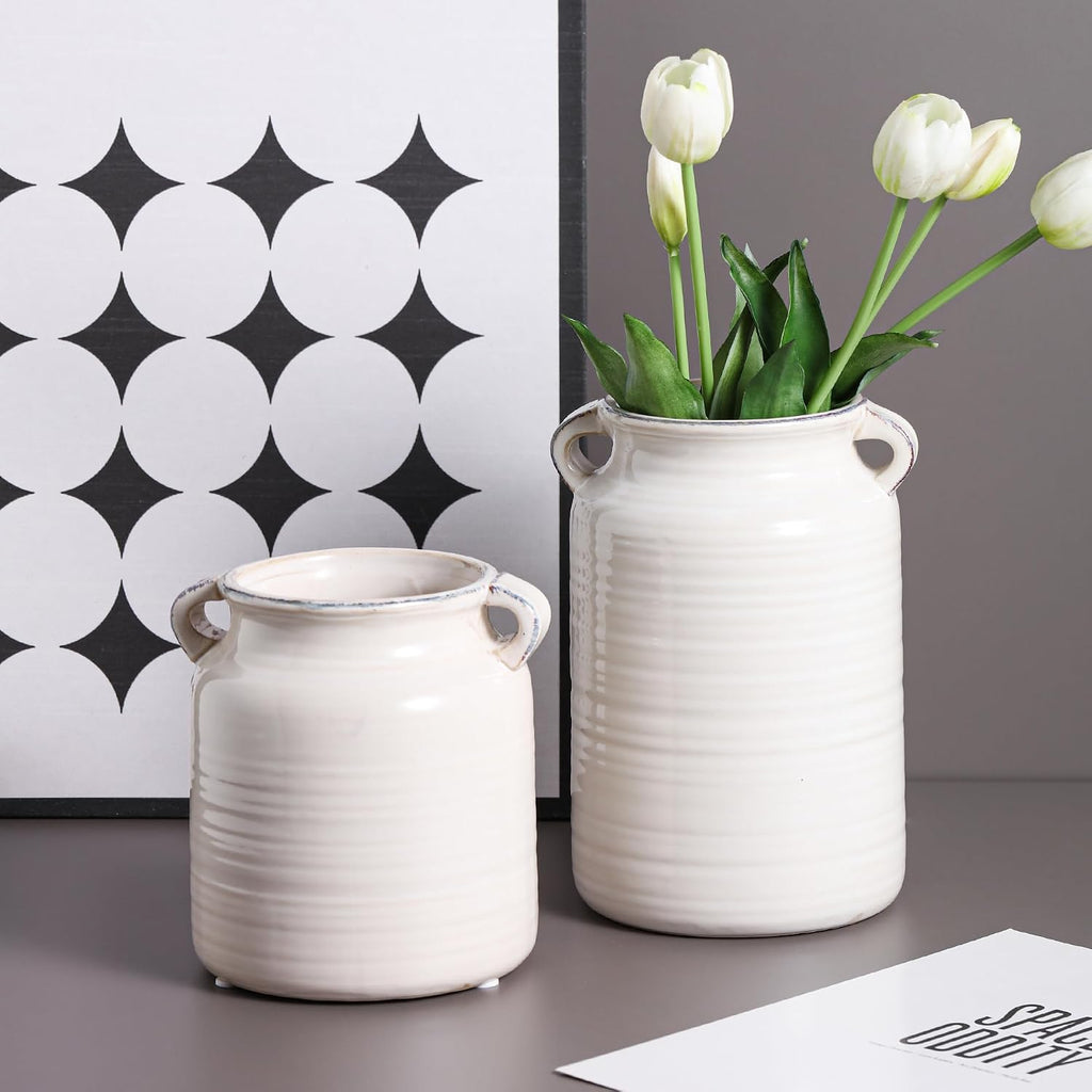 Ceramic Rustic Distressed White Flower Vase for Centerpieces