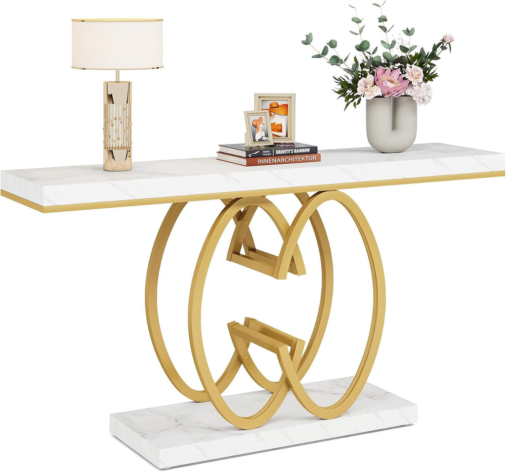55 Inch Console Table , Faux Marble Gold Entryway Table with Geometric Metal Base, Modern Narrow Sofa Accent Table
