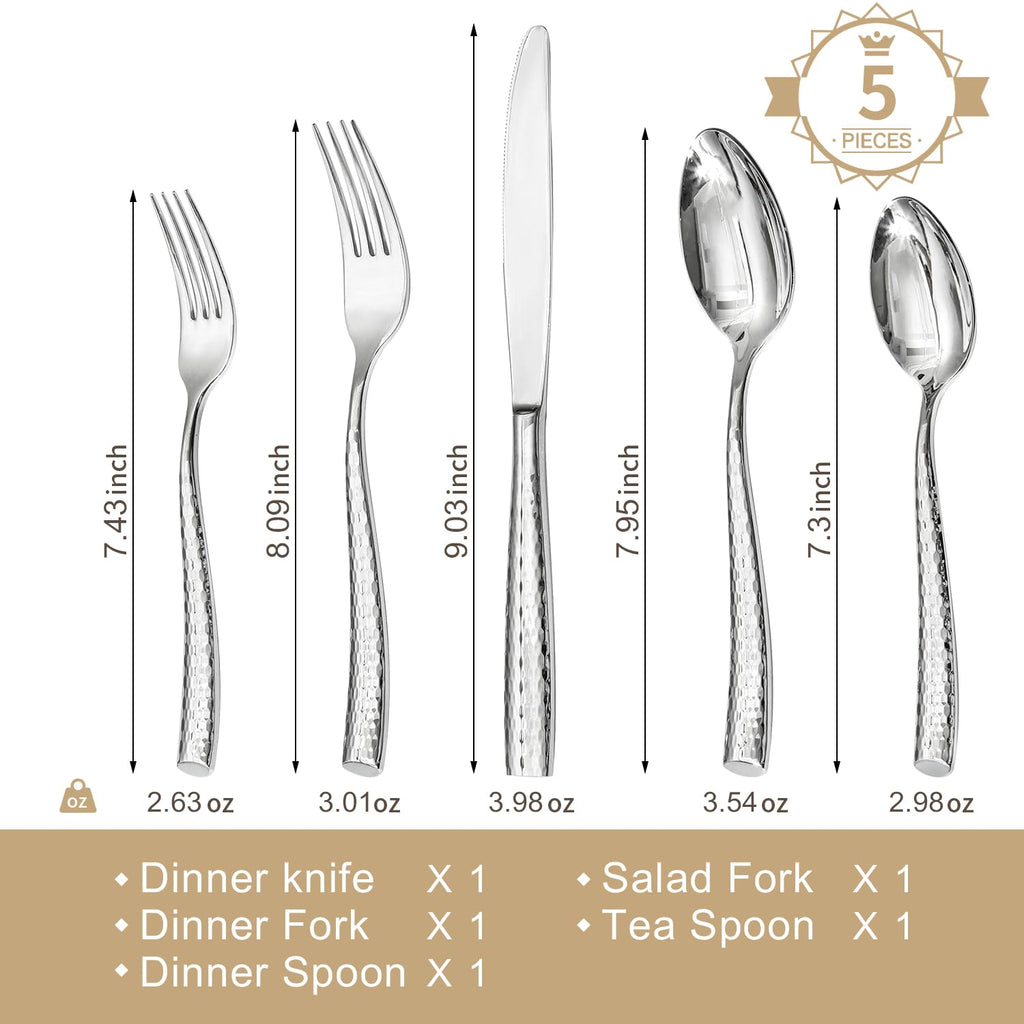 Hammered Flatware Set, 10-Piece 18/10 Stainless Steel Silverware