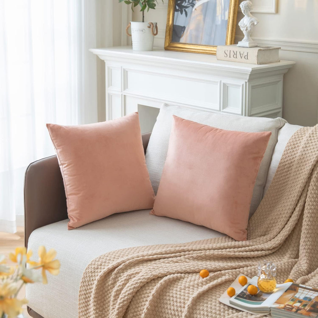 Set of 2 Dusty Rose Colored Solid Velvet Throw Pillow Covers, Cozy Soft Accent Pillow Cases