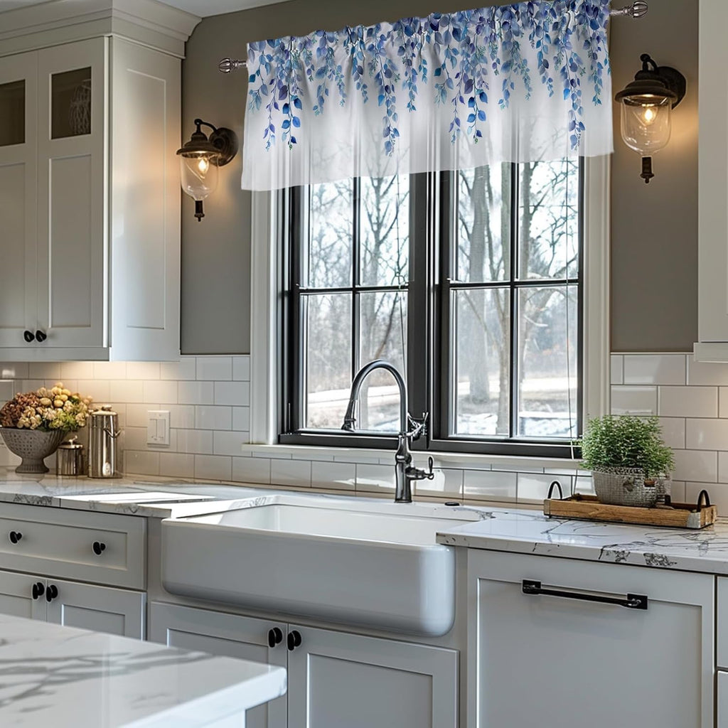 Valances for Windows Blue Eucalyptus Leaf Rod Pocket Cafe Window Treatments Valance Curtains for Kitchen Bathroom