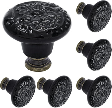 6 Pcs Black Ceramic Kitchen Cabinet Knobs and Pulls, Vintage Round Drawer Knobs, Decorative Closet Door Handles