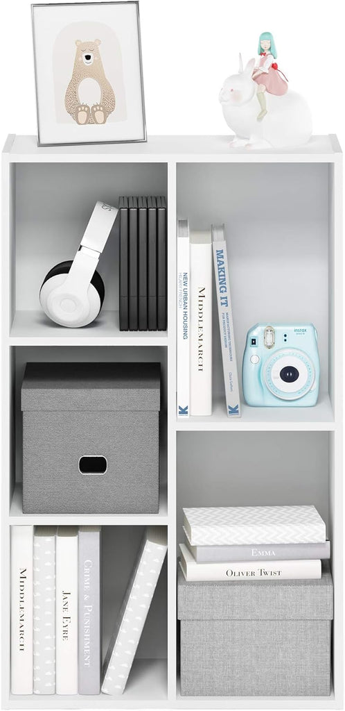 LUDER Book Shelf, 5-Cube Bookshelf, Reversible Bookcase, 9.4 x 19.5 x 31.5, Easy Assembly, White