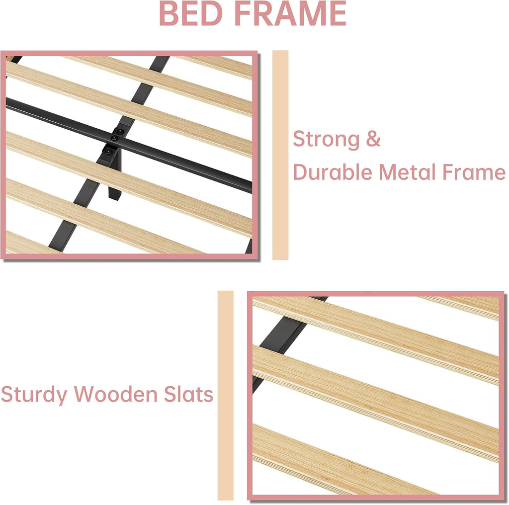 Twin Bed Frame, Velvet Upholstered Platform Bed Frame with Height Adjustable Headboard for Boys & Girls, Wood Slat
