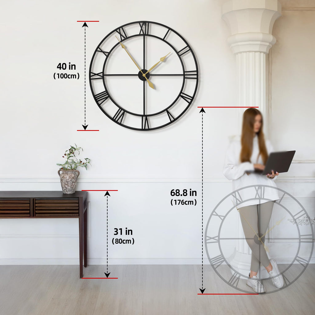 40 Inch Extra Large Modern Wall Clock, Oversize Rustic Round Nearly Silent Battery Operated, Black Metal Roman