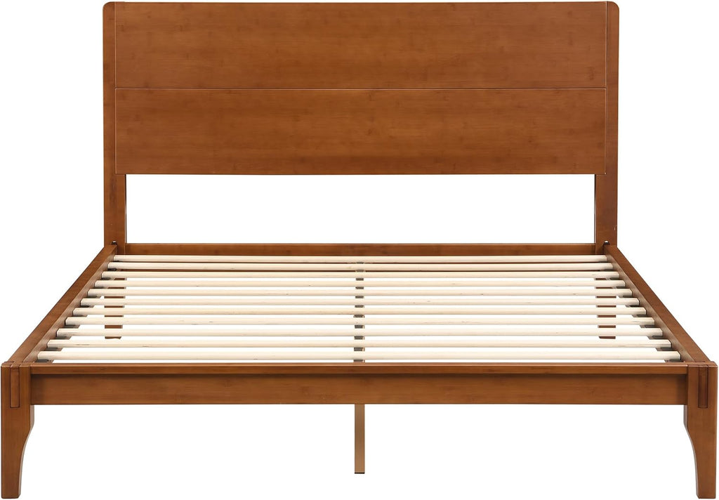 Queen Bamboo Platform Bed, Mid-Century Modern Bed Frame with Tall Headboard, Solid Sustainable Bedframe Queen-size