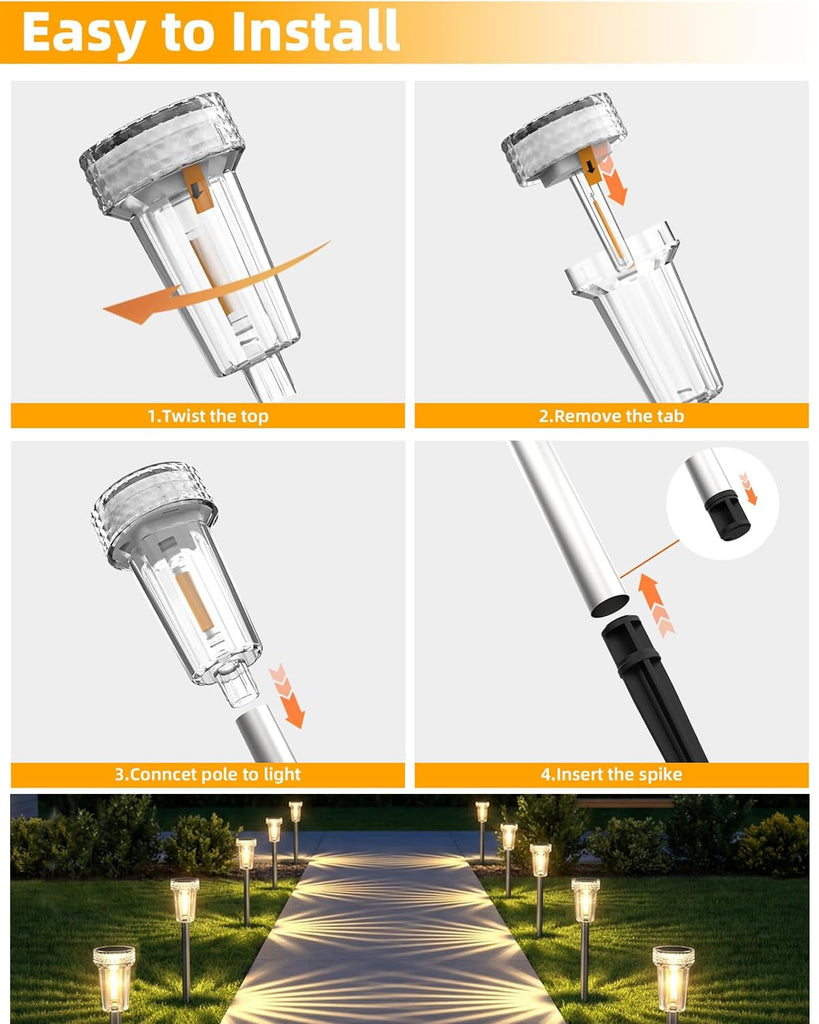 12 Pack Solar Pathway Lights Outdoor, Solar Powered Garden Lights Auto On/Off, Waterproof Stainless Steel Pole
