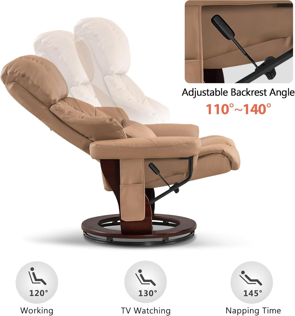 Modern Reclining Swivel Lounge Chair and Ottoman — Cognac Faux Leather
