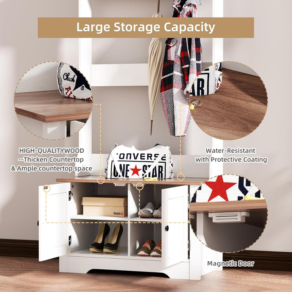 Hall Tree with Shoe Rack, 5-in-1 Farmhouse Coat Rack with Shoe Bench, Standing Shoe Storage with 3 Hooks for Front