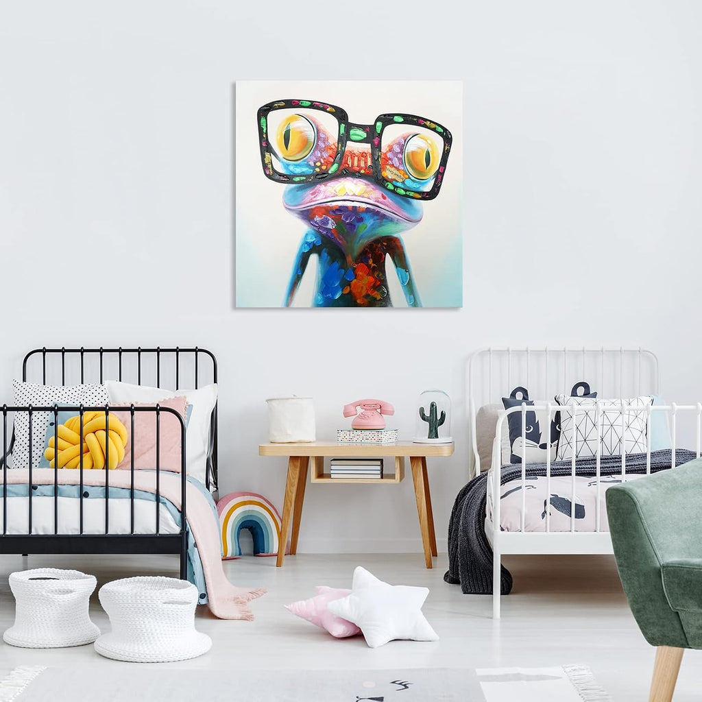 Frog Canvas Wall Art Colorful Animal Painting Pictures Happy Frog with Glasses Oil Painting Modern Framed Artwork
