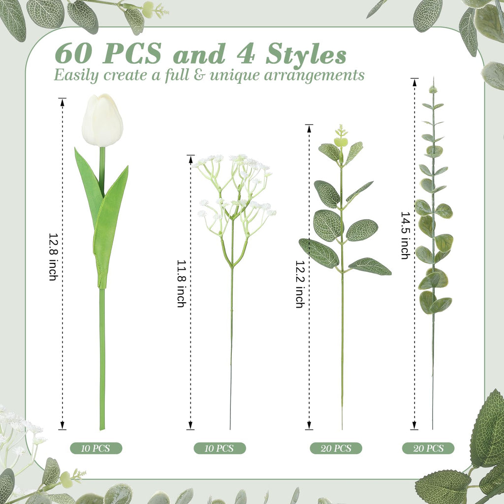 4 Kinds 60PCS Silk Tulip Artificial Flowers with Eucalyptus Stems