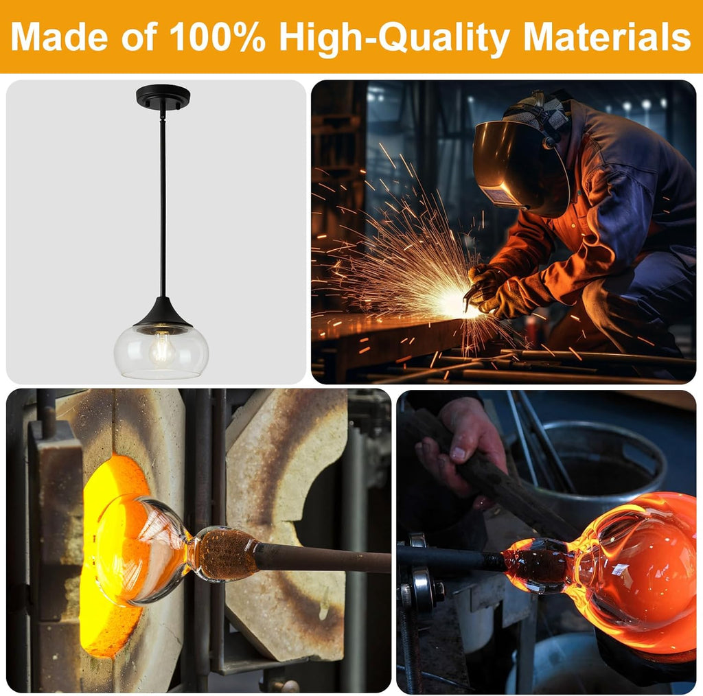 Modern Pendant Lights for Kitchen Island, Black Pendant Light Fixtures with 8.5" Clear Glass Shade, Industrial