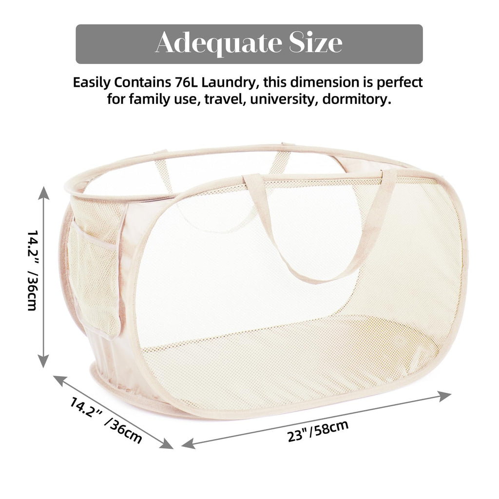 Durable Collapsible Laundry Baskets, Mesh Pop Up Laundry Hamper with Side Pocket, Foldable Clothes Hamper with