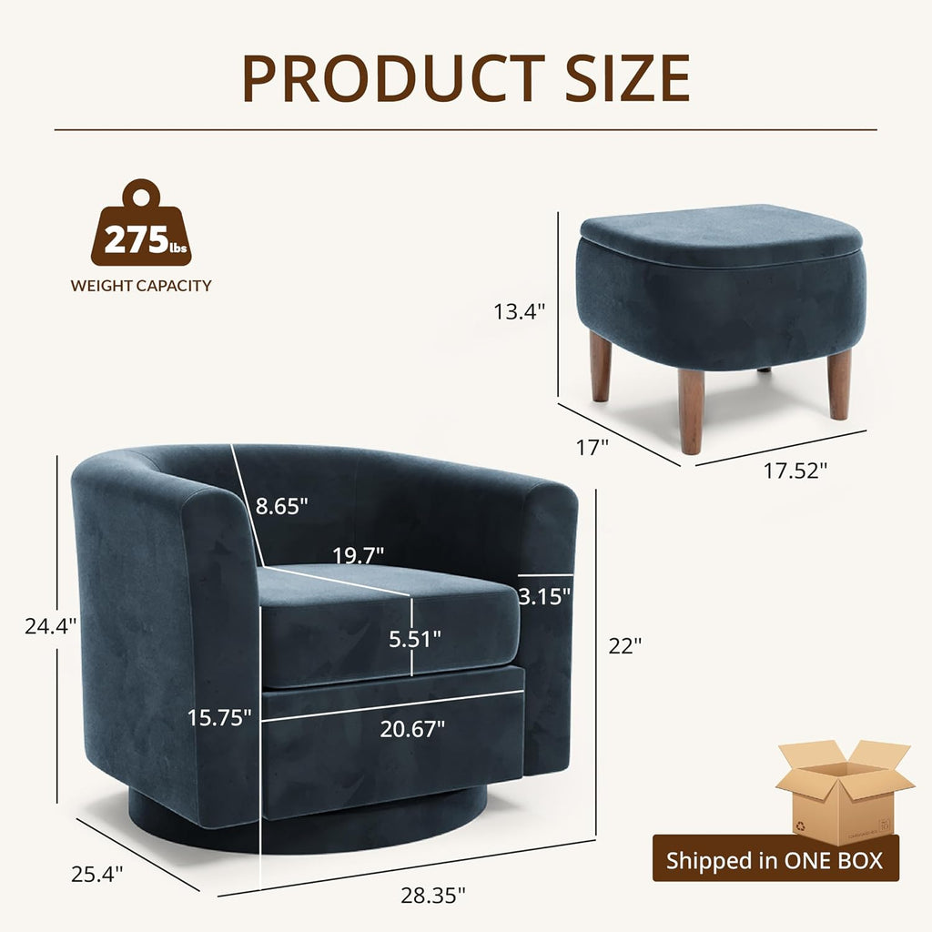 Swivel Accent Chair with Storage Ottoman Set of 2, Modern Velvet Barrel Chair, Upholstered Armchair with Footrest